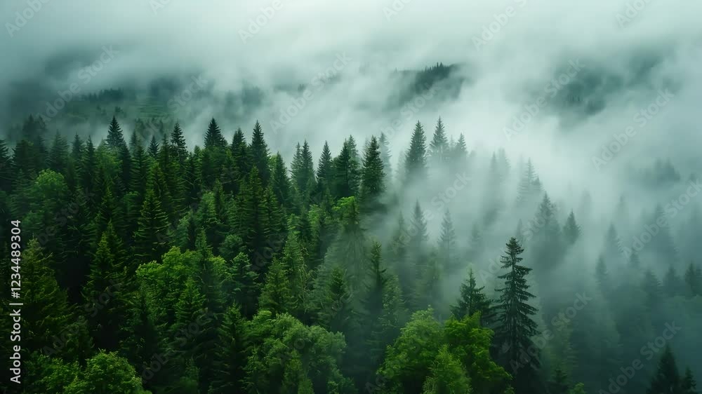 Mysterious Pine Forest Immersed In Gently Rolling Foggy Veils Mysterious Pine Forest Immersed In Gently Rolling Foggy Veils