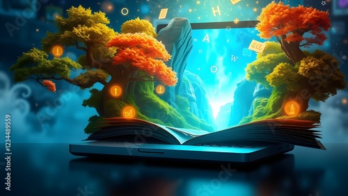 A futuristic laptop opens up, and glowing symbols and floating letters create a dreamlike educational paradise. Think Different; Creative Concept.