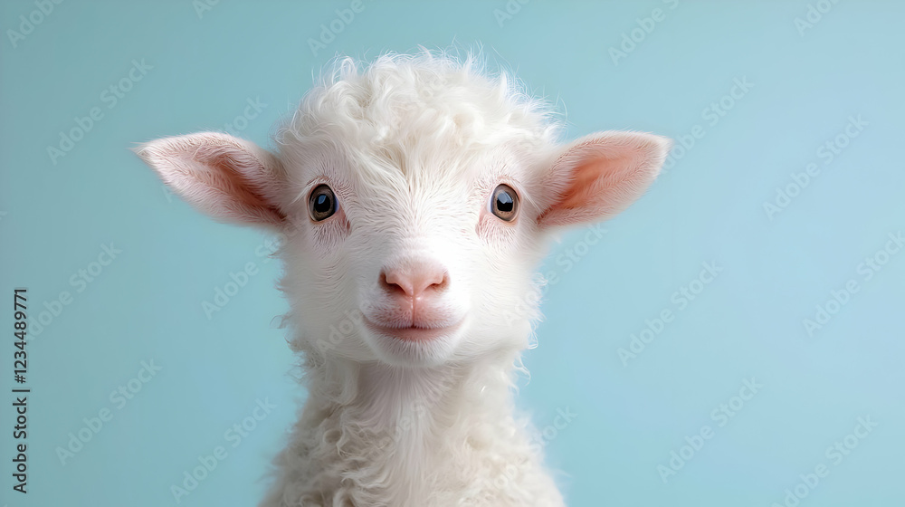 Fototapeta premium Cute lamb portrait, light blue background, farm animal