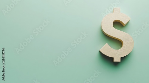 A wooden dollar sign is positioned against a soft green background, symbolizing finance, wealth, and economic themes.