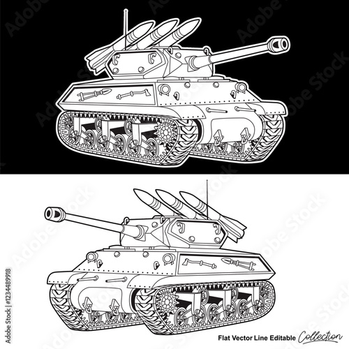 Black and white army battle tank, flat vector illustration