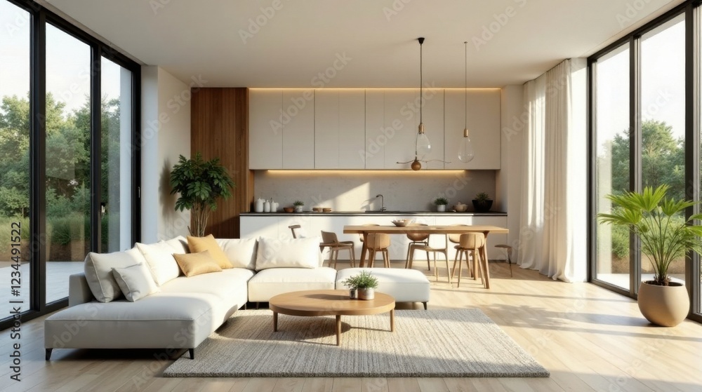 Modern Minimalist Living Room Design with Open Kitchen and Abundant Natural Light Featuring a Comfortable Sectional Sofa and Wooden Dining Set Modern Minimalist Living Room Design with Open Kitchen and Abundant Natural Light Featuring a Comfortable Sectional Sofa and Wooden Dining Set