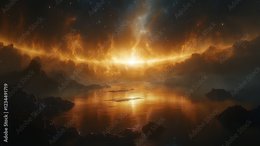 Fototapeta premium Fiery sunset over a calm alien lake, reflecting the cosmic nebula.