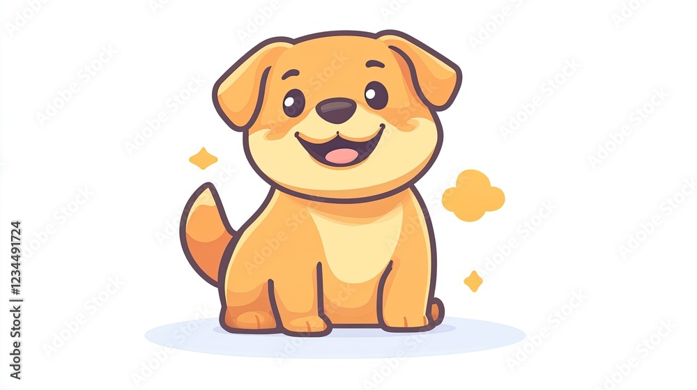 Fototapeta premium Happy cartoon puppy sitting, smiling, white background, playful sparkle design, ideal for children's books