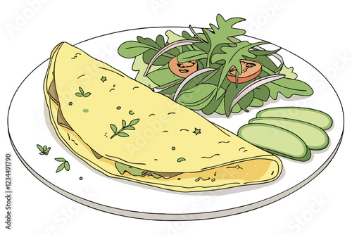 Gourmet omelette, golden yellow, sprinkled with fresh herbs, white ceramic plate, side salad with mixed greens, thinly sliced cucumber, restaurant presentation, soft lighting, high-resolution food 