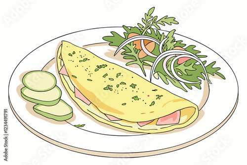 Gourmet omelette, golden yellow, sprinkled with fresh herbs, white ceramic plate, side salad with mixed greens, thinly sliced cucumber, restaurant presentation, soft lighting, high-resolution food 