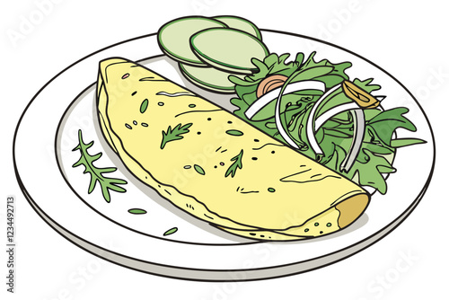 Gourmet omelette, golden yellow, sprinkled with fresh herbs, white ceramic plate, side salad with mixed greens, thinly sliced cucumber, restaurant presentation, soft lighting, high-resolution food 