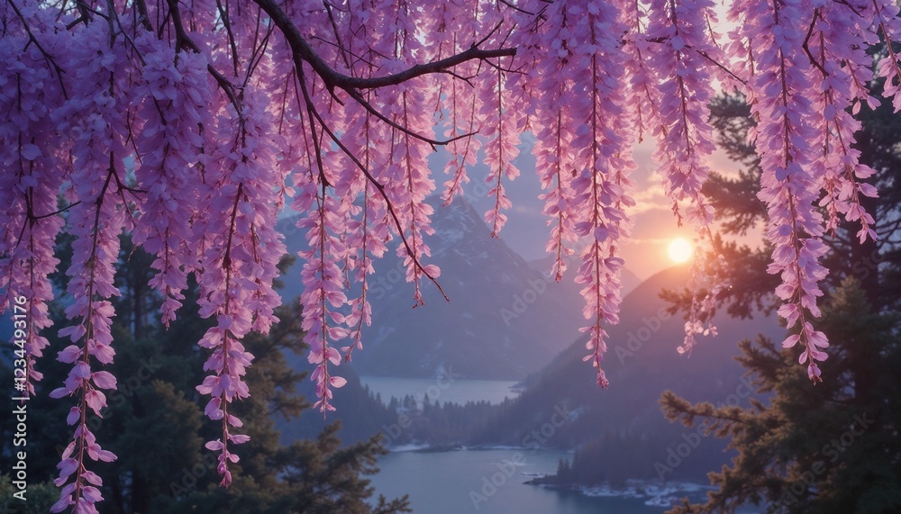 Naklejka premium Tranquil Mountain Lake Landscape with Wisteria Blossoms in Soft Sunset Light