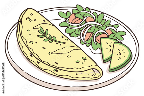 Gourmet omelette, golden yellow, sprinkled with fresh herbs, white ceramic plate, side salad with mixed greens, thinly sliced cucumber, restaurant presentation, soft lighting, high-resolution food 