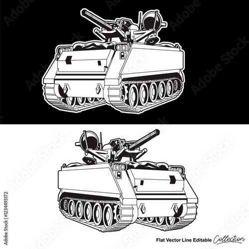Black and white military battle tank, flat vector illustration