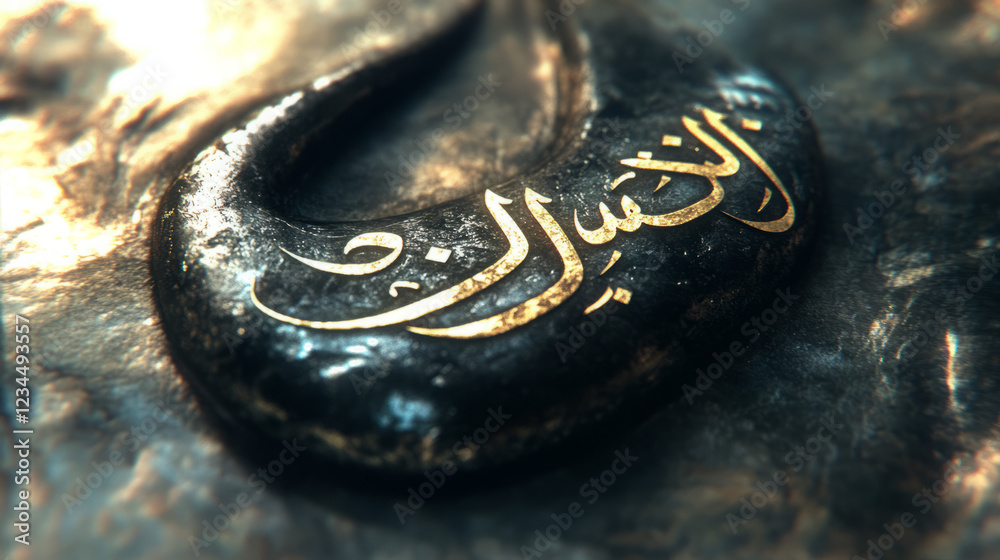 golden arabic calligraphy on textured dark stone showcasing intricate islamic art with ornate lettering and detailed ancient script in high-resolution digital artistic design
