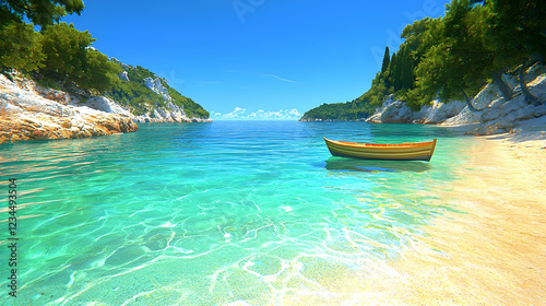 Secluded cove, tranquil boat, clear water, sunny day, idyllic beach escape