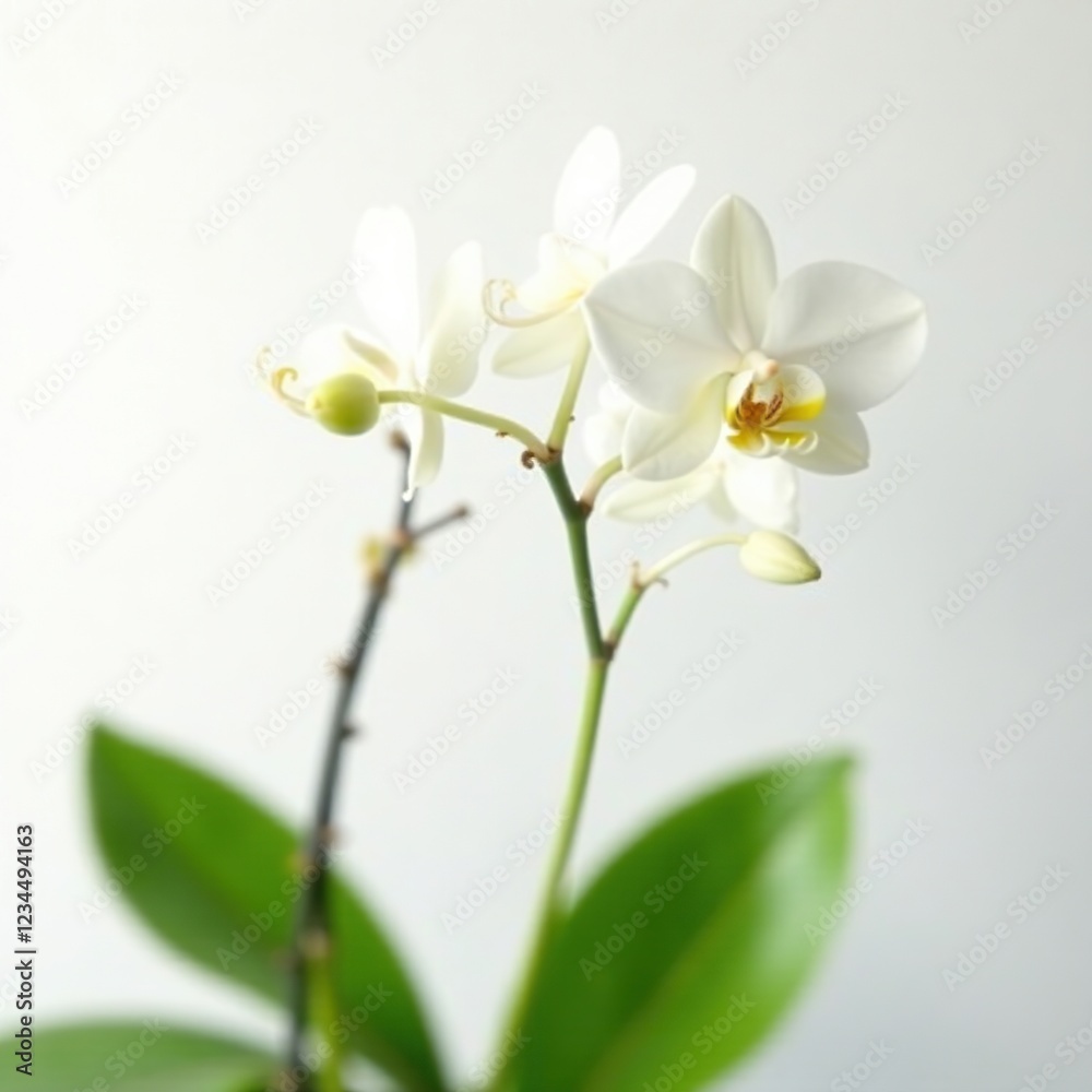 Obraz premium A delicate orchid branch with curved stems and lush green leaves against a soft white background, branches, foliage, nature