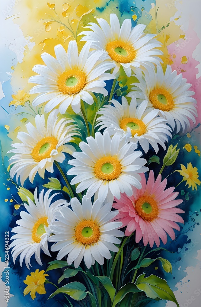Obraz premium Artistic Daisy Composition with Blended Watercolor and Oil Textures Phone Background 