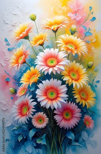 Vibrant Watercolor and Oil Painting of Colorful Daisies on Floral Background Phone Wallpaper

