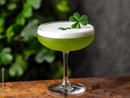 green cocktail with shamrock garnish on wooden table, evoking festive cheer photo