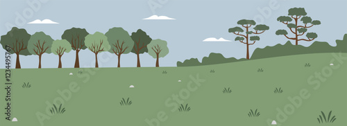 Camp field illustration. Countryside illustration. Countryside Hills. Lawn. Park. Recreation place. Holiday place. Nature. 