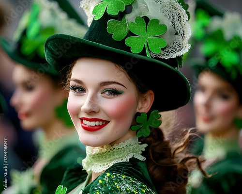 woman in festive green attire with shamrock decorations smiles joyfully at parade photo