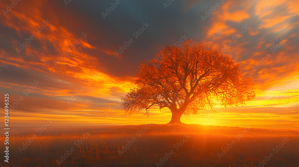 Obraz premium Solitary tree at sunrise, fiery sky, calm field