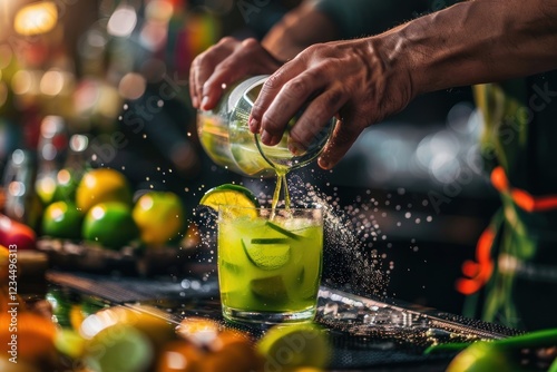 Barman hand squeezing fresh juice from lime in the glass making the Caipirinha cocktail on the bar beverage cooking person. photo