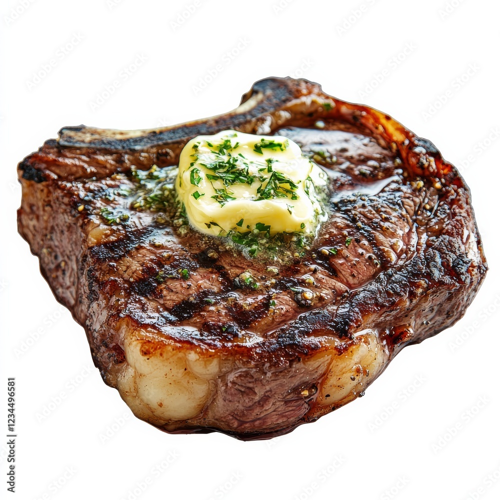 A succulent grilled ribeye steak with a perfect sear and herb butter melting on top, isolated white background, realism art style A succulent grilled ribeye steak with a perfect sear and herb butter melting on top, isolated white background, realism art style