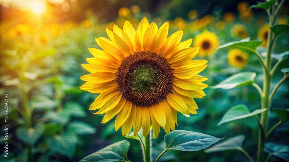 Fototapeta premium Close-up shot of a single sunflower head with delicate petals and dark center, surrounded by lush green leaves and stems, in a scenic rural setting , countryside, plant