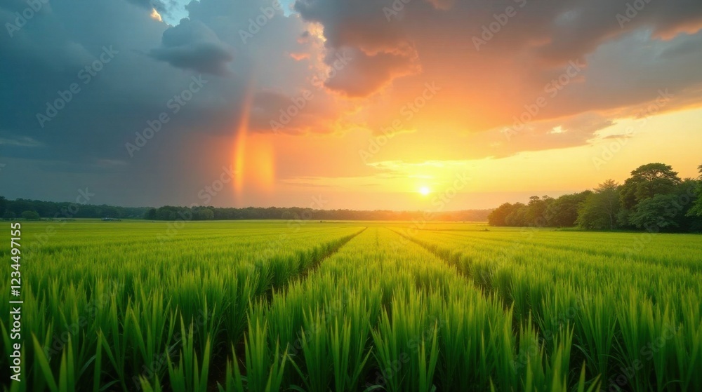 Serene Sunset over Verdant Field, Painted with Warm Hues and Dramatic Clouds Serene Sunset over Verdant Field, Painted with Warm Hues and Dramatic Clouds