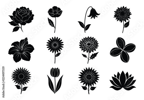 Flower silhouette set. Flowers bundle vector illustration on white background