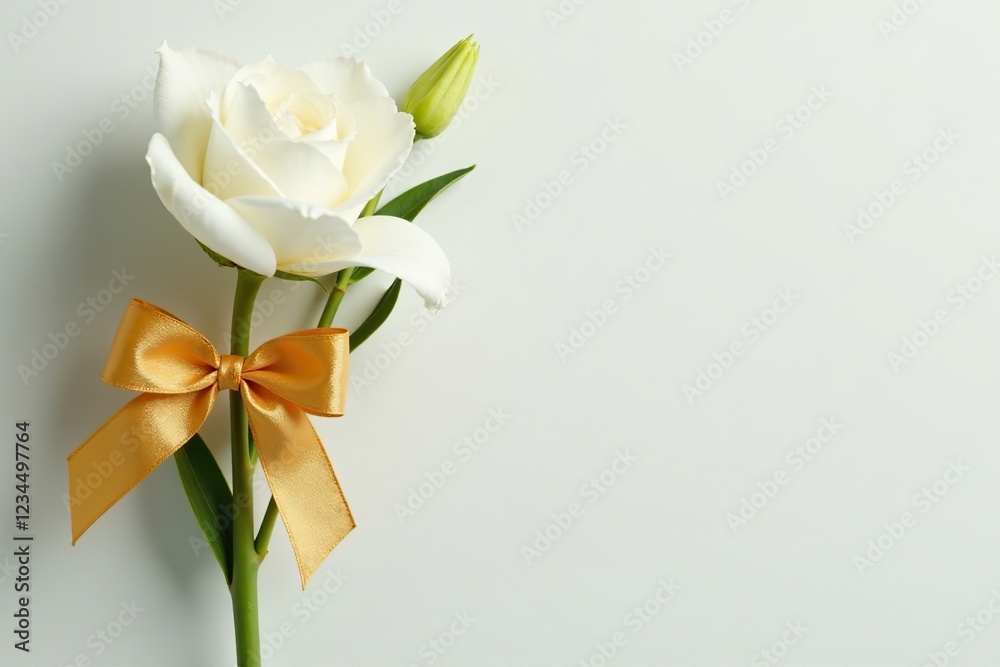Fototapeta premium A delicate golden bow tied around a white flower stem, floral arrangement, golden bow