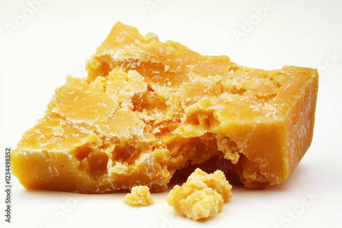 Macro shot captures the detailed texture of a crumbly piece of cheddar cheese on a pure white background photo