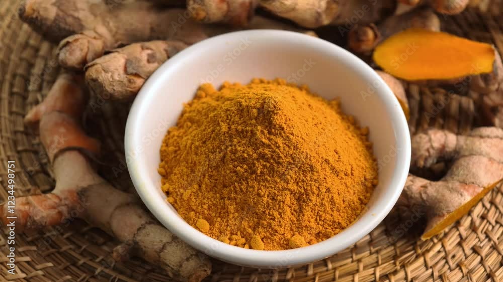 Turmeric powder in white bowl and fresh turmeric Turmeric powder in white bowl and fresh turmeric