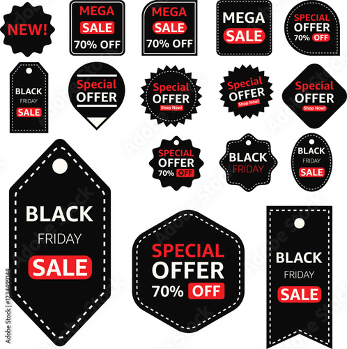 Black Friday big hot sale labels. Cyber monday holiday price tag. Total clearance market promotional banner. Discount shop badge. Save 70 percent deal note sticker. Black and Red Tag