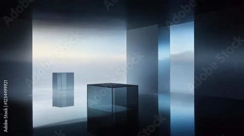 Dark, minimalist room with reflective cubes and foggy windows, showcasing product display.