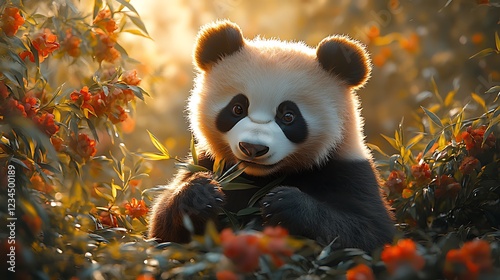 Adorable baby panda eating bamboo amidst orange flowers in sunlight.
