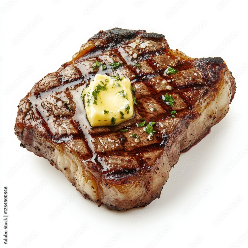 A succulent grilled ribeye steak with a rich garlic butter drizzle, isolated white background, classic realism art style A succulent grilled ribeye steak with a rich garlic butter drizzle, isolated white background, classic realism art style