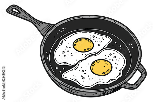Cast iron skillet, two sunny side up eggs, crispy edges, vibrant yellow yolks, black pepper speckles, white background, overhead view, food photography, high contrast, detailed texture, appetizing,