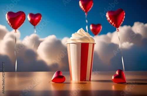 Postcard, banner, Valentine's day. A red and white striped paper glass with creamy foam stands against a blue cloudy sky. There are small red heart-shaped balloons around the glass.