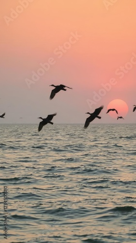 Cormorants gracefully soar over the Persian Gulf waters during a vibrant sunset in Saudi Arabia, sunset, flying