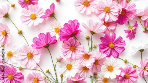 Cosmos flowers in shades of pink and white are delicately arranged on a white background, forming a beautiful and intricate pattern, soft focus, cosmos flowers, botanical