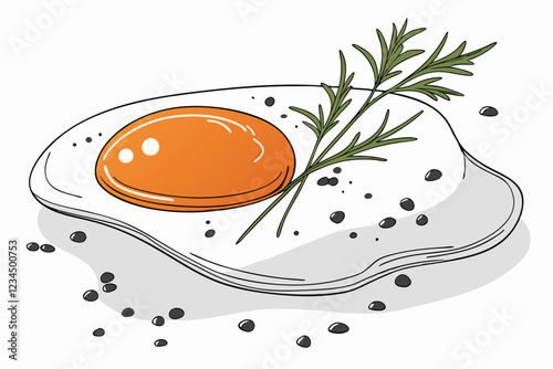 Poached egg, vibrant orange yolk, white background, extreme close-up, high resolution, food photography, black pepper flakes, green herb garnish, minimalist plating, soft lighting, dripping yolk, c