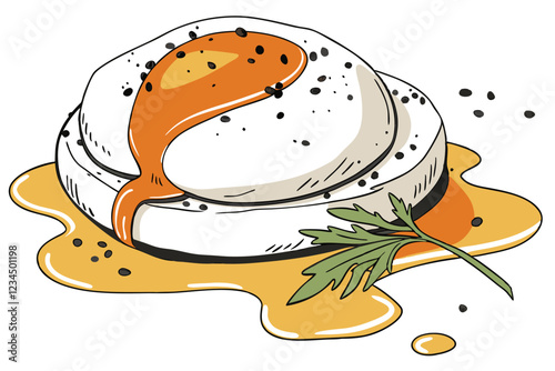 Poached egg, vibrant orange yolk, white background, extreme close-up, high resolution, food photography, black pepper flakes, green herb garnish, minimalist plating, soft lighting, dripping yolk, c