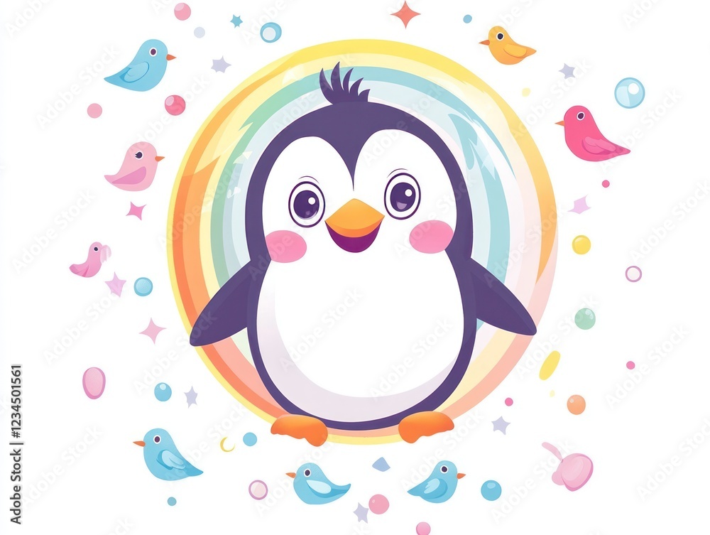 Happy penguin surrounded by birds, rainbow, stars; kids' illustration Happy penguin surrounded by birds, rainbow, stars; kids' illustration