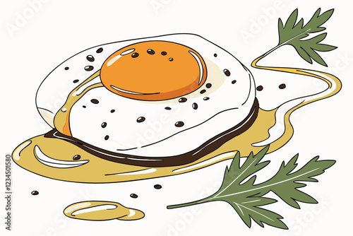 Poached egg, vibrant orange yolk, white background, extreme close-up, high resolution, food photography, black pepper flakes, green herb garnish, minimalist plating, soft lighting, dripping yolk, c