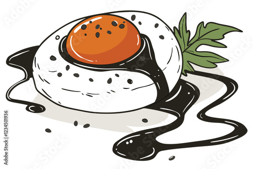 Poached egg, vibrant orange yolk, white background, extreme close-up, high resolution, food photography, black pepper flakes, green herb garnish, minimalist plating, soft lighting, dripping yolk, c