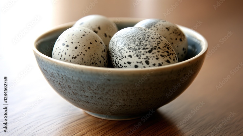 Speckled bird eggs in a rustic blue bowl on a wooden table. Speckled bird eggs in a rustic blue bowl on a wooden table.