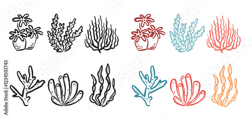 set of vector hand drawn whimsical corals. ocean underwater elements isolated on transparent background. coral reef png clip art. coral silhouettes