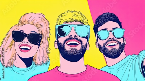 A vibrant, pop-art style of three smiling people wearing sunglasses against a colorful background.