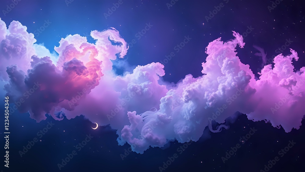 Fototapeta premium Cosmic Dreamscape: Vibrant Night Sky with Crescent Moon and Mysterious Cloud Formations