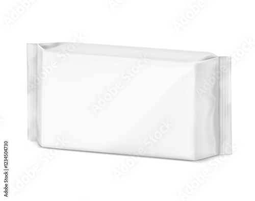 Realistic horizontal flow pack mockup for food. Half side view. Vector illustration isolated on white background. Can be use for your design, promo, adv and etc. EPS10.	