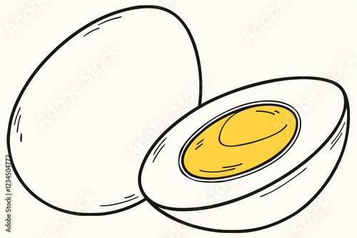Hard-boiled egg, cross-section, vibrant yellow yolk, white egg white, smooth texture, high contrast, clean background, food photography, macro shot, appetizing, nutritious, culinary detail, spheric